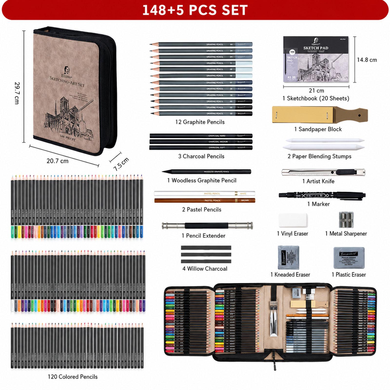 Giorgione 153 In 1 Sketching And Colored Pencil Art Set With Sketchbook In Suede Nubuck Leather Zippered Organizer Case - Shopkiz.com