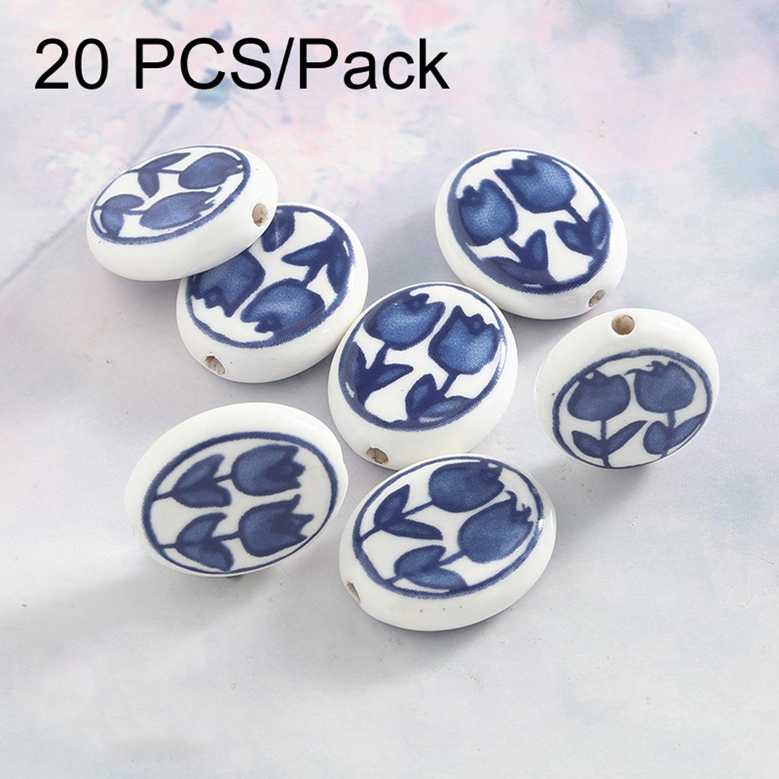 20 PCS/Pack Hand-painted Floral Ceramic Loose Beads Straight Hole Flat Pieces DIY Bracelet Material(Blue and White) - Shopkiz.com