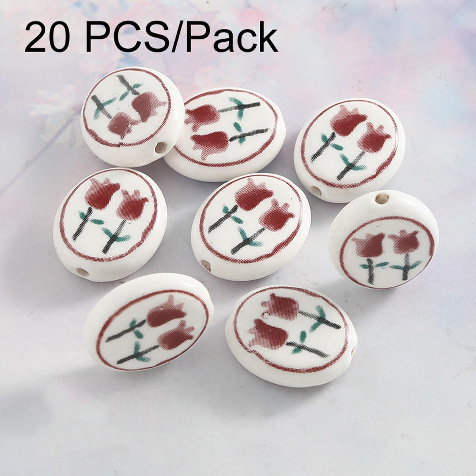 20 PCS/Pack Hand-painted Floral Ceramic Loose Beads Straight Hole Flat Pieces DIY Bracelet Material(Red) - Shopkiz.com