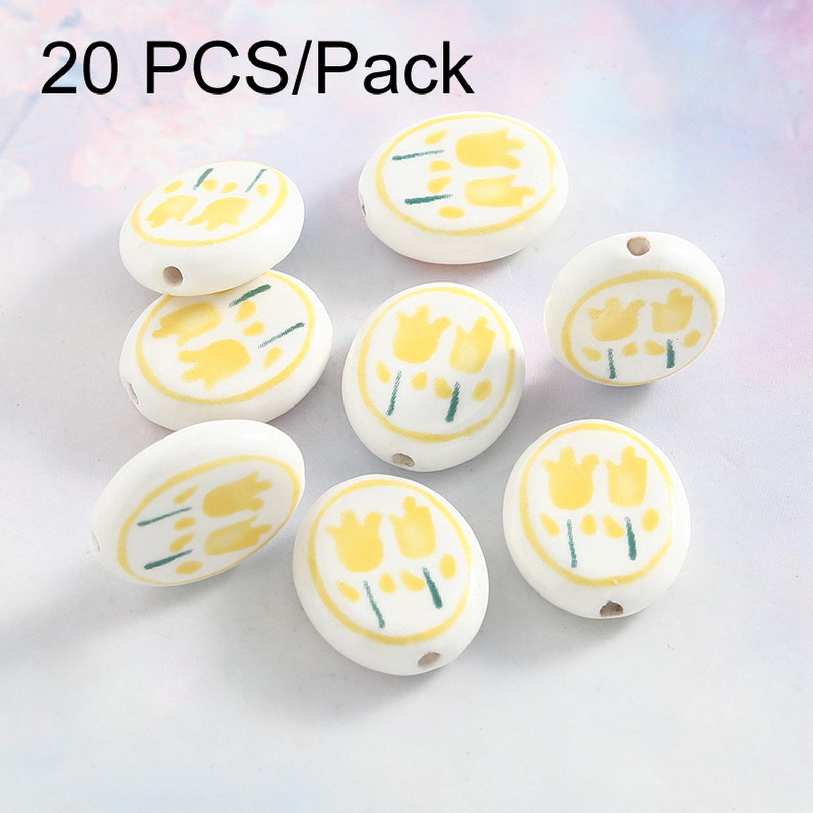 20 PCS/Pack Hand-painted Floral Ceramic Loose Beads Straight Hole Flat Pieces DIY Bracelet Material(Yellow) - Shopkiz.com