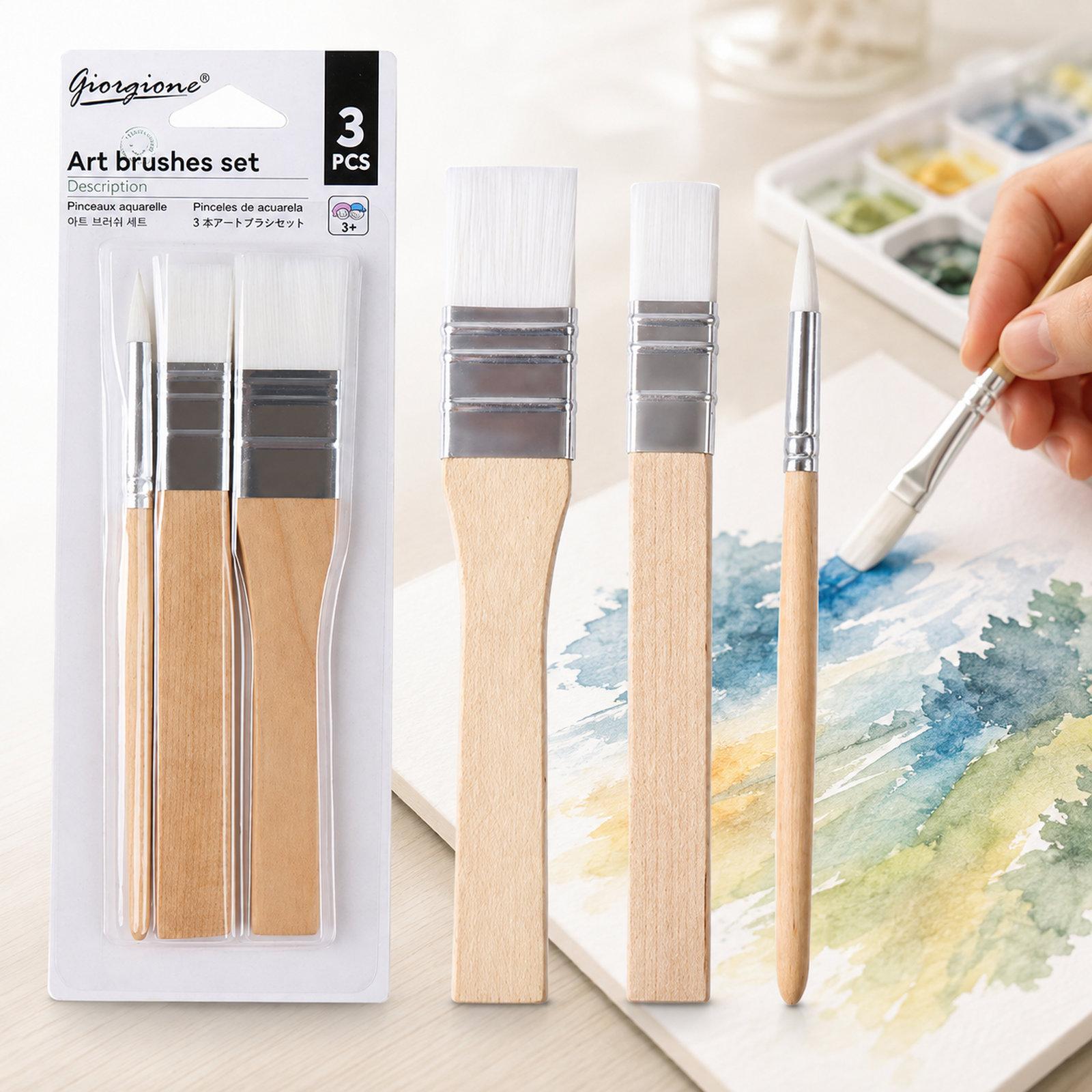 Giorgione 3 Pcs Natural Wood Paint Brush Set Synthetic Nylon Hair Flat & Round Brushes(Natural Wood Color) - Shopkiz.com