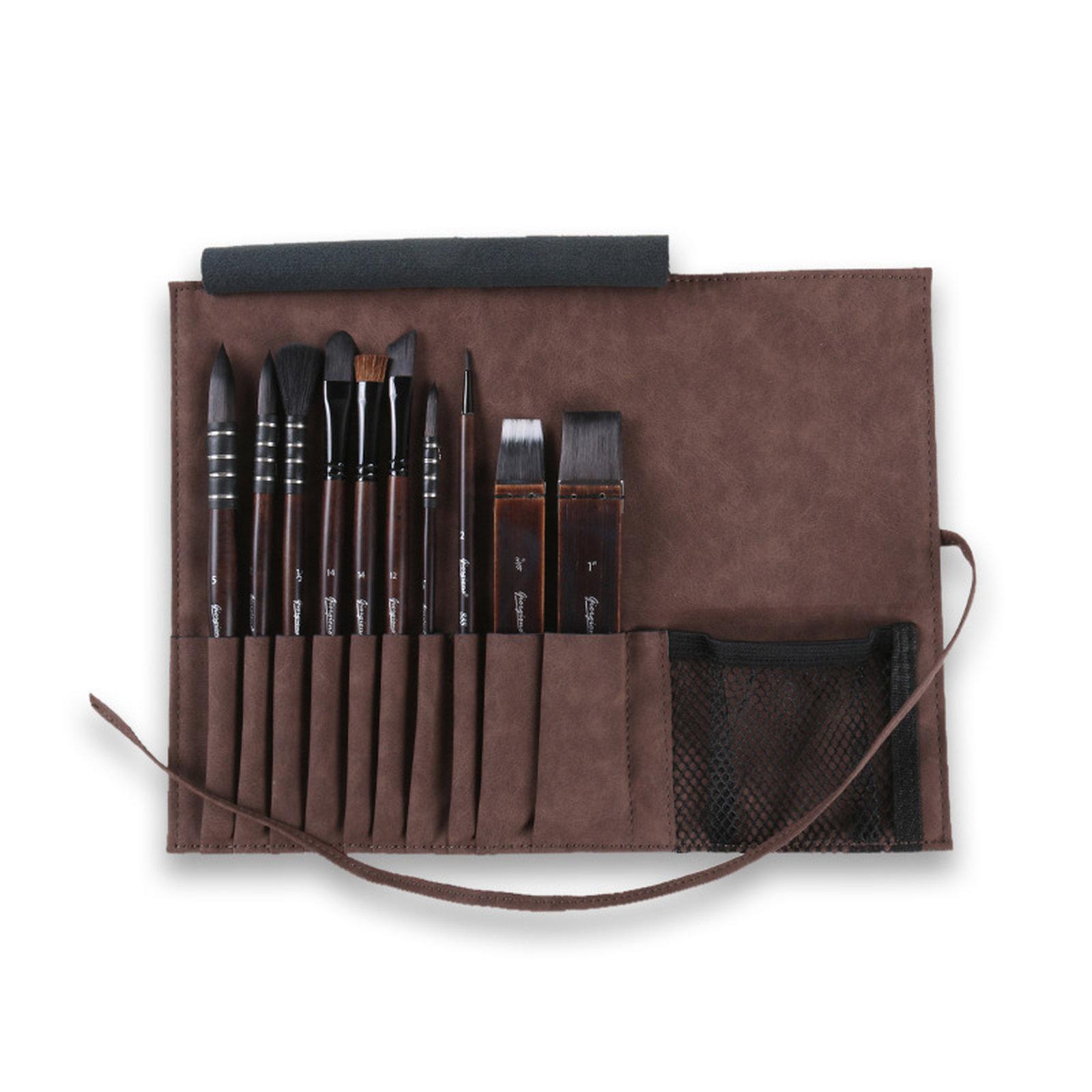 Giorgione 10 In 1 Synthetic Squirrel Hair Watercolor Paint Brush Set with Velvet Roll-Up Case Birch Wood Handles(Deep) - Shopkiz.com