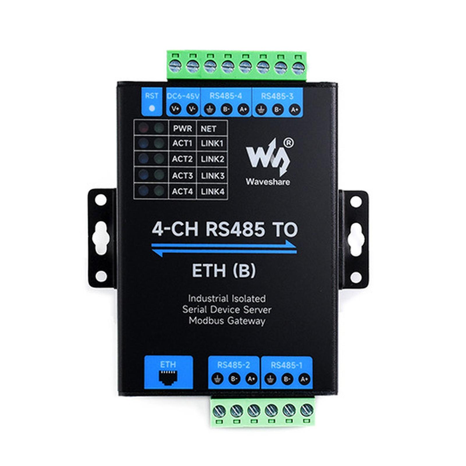 WAVESHARE 4-Ch RS485 To RJ45 Ethernet Serial Server, 4 Channels RS485 Independent Operation, Rail-mount Industrial Isolated Serial Module, Spec: