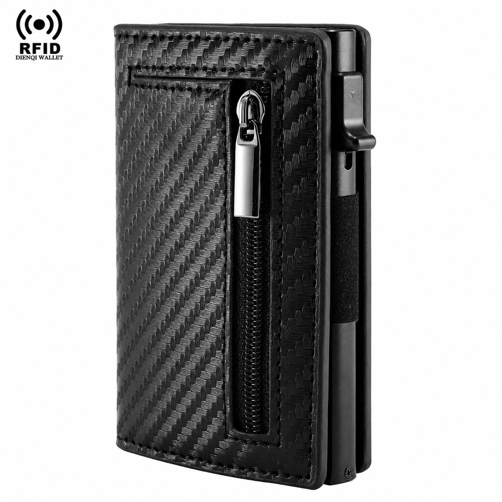 RFID Blocking Pop Up Wallet With Zipper Coin Pocket Slim Minimalist Credit Card Holder(Carbon Fiber Black) - Shopkiz.com