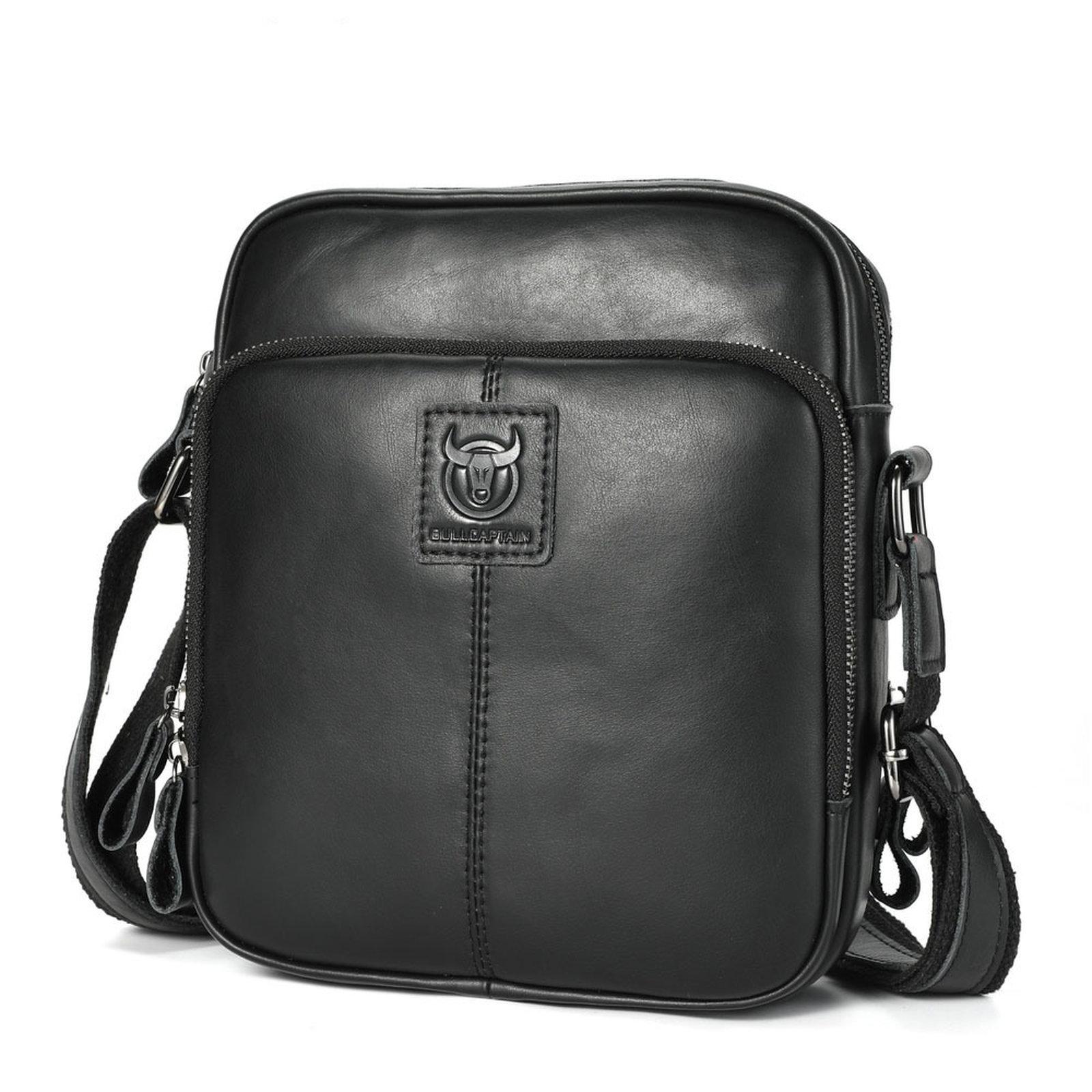 BULL CAPTAIN Genuine Leather Crossbody Bag for Men Vintage Multi-Pocket Messenger Bag(Black) - Shopkiz.com