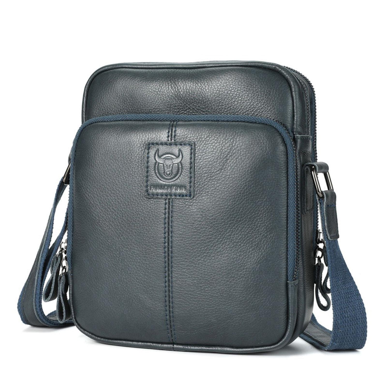 BULL CAPTAIN Genuine Leather Crossbody Bag for Men Vintage Multi-Pocket Messenger Bag(Blue) - Shopkiz.com