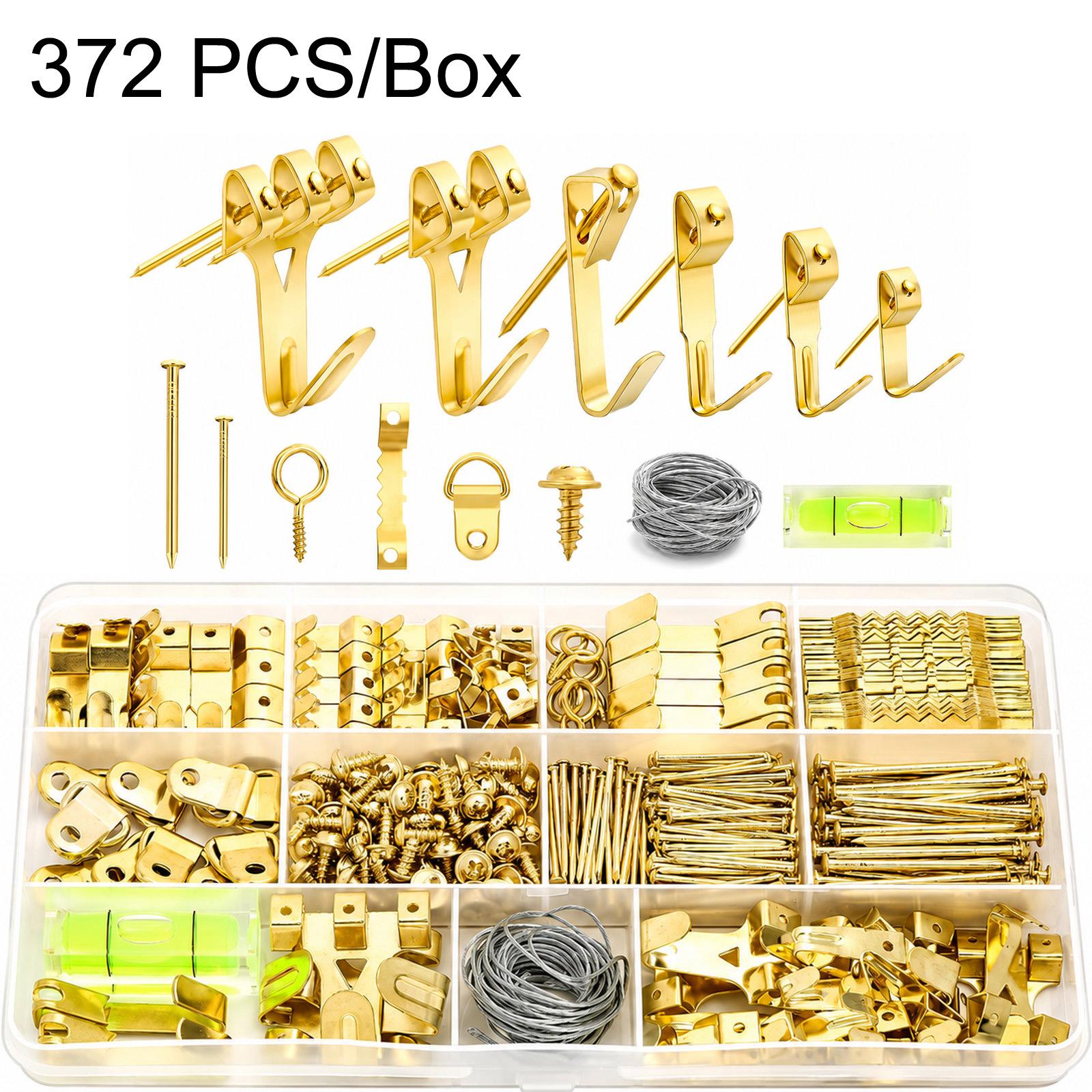 372 PCS/Box Picture Hanging Kit Heavy Duty Picture Hangers Hardware with Nails Steel Wire(Gold) - Shopkiz.com