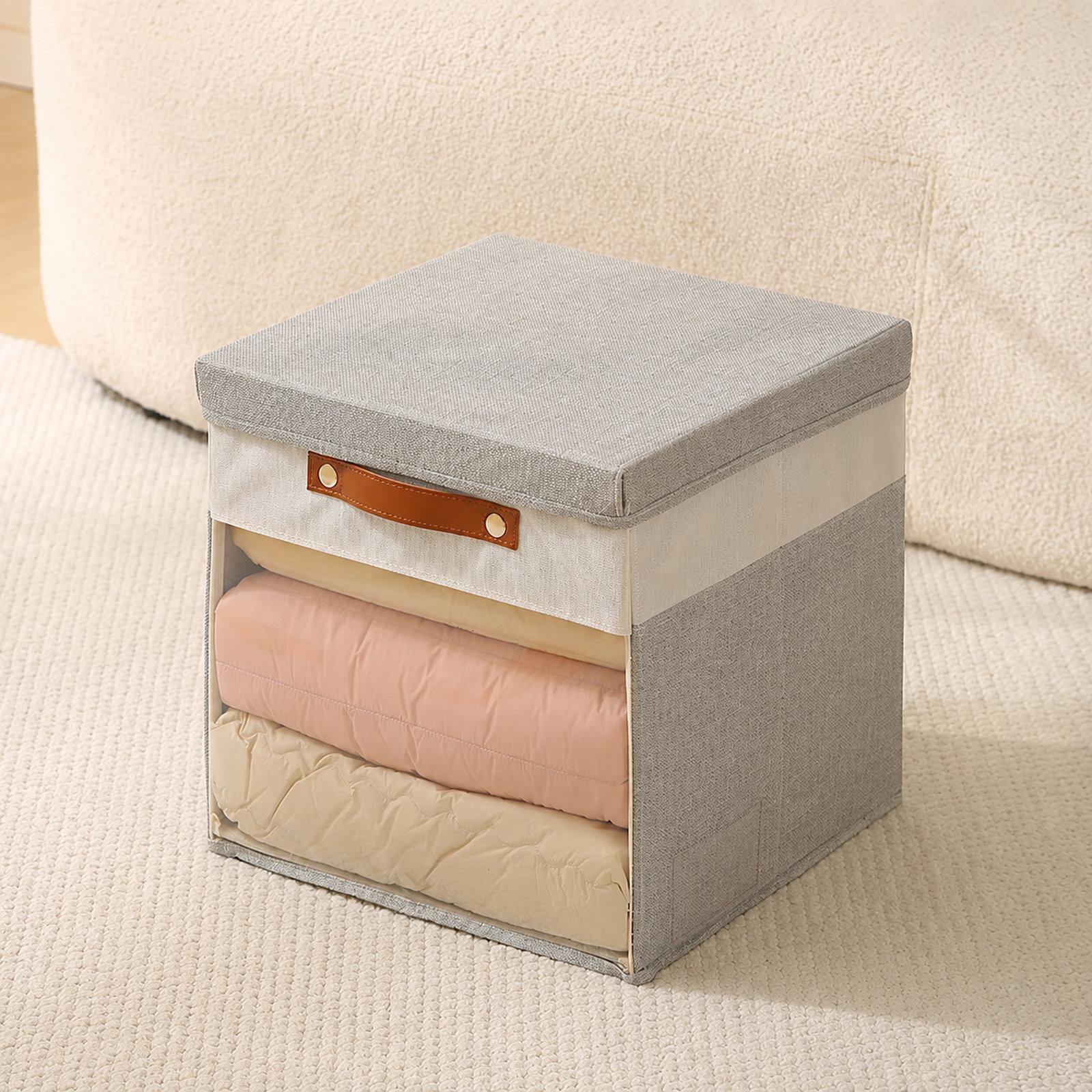 Foldable Fabric Storage Cube Bins With Clear Window PU Leather Handle Clothing Organizer Boxes, Color: Gray With Lid - Shopkiz.com