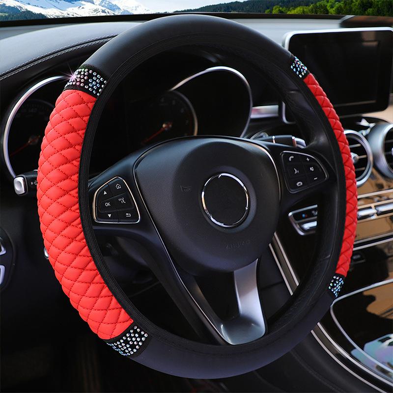 Bling Rhinestone Leather Steering Wheel Cover For Women Quilted Car Steering Wheel Wrap Protector(Red) - Shopkiz.com