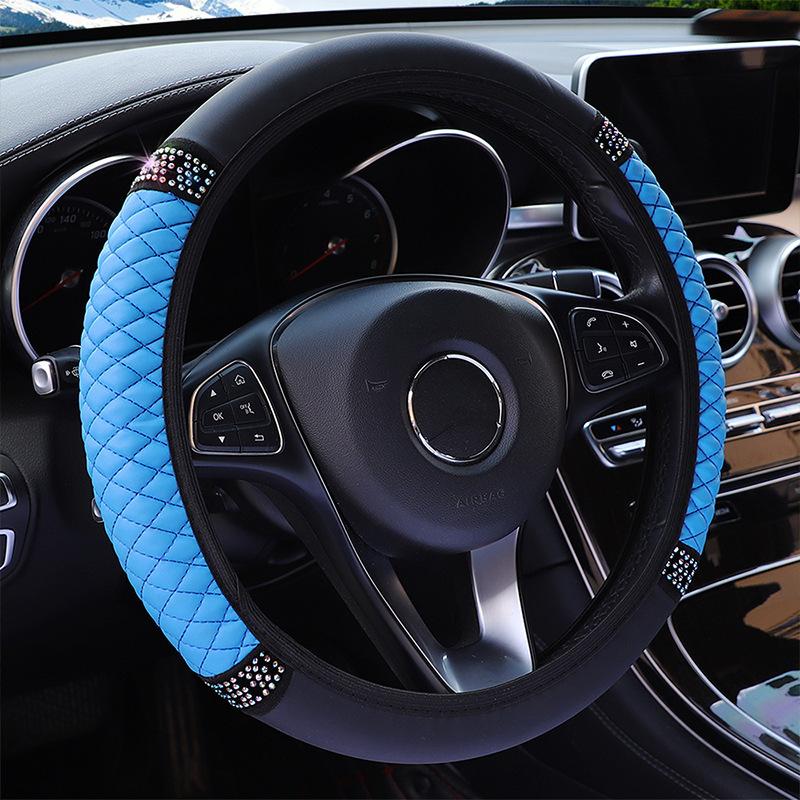 Bling Rhinestone Leather Steering Wheel Cover For Women Quilted Car Steering Wheel Wrap Protector(Blue) - Shopkiz.com