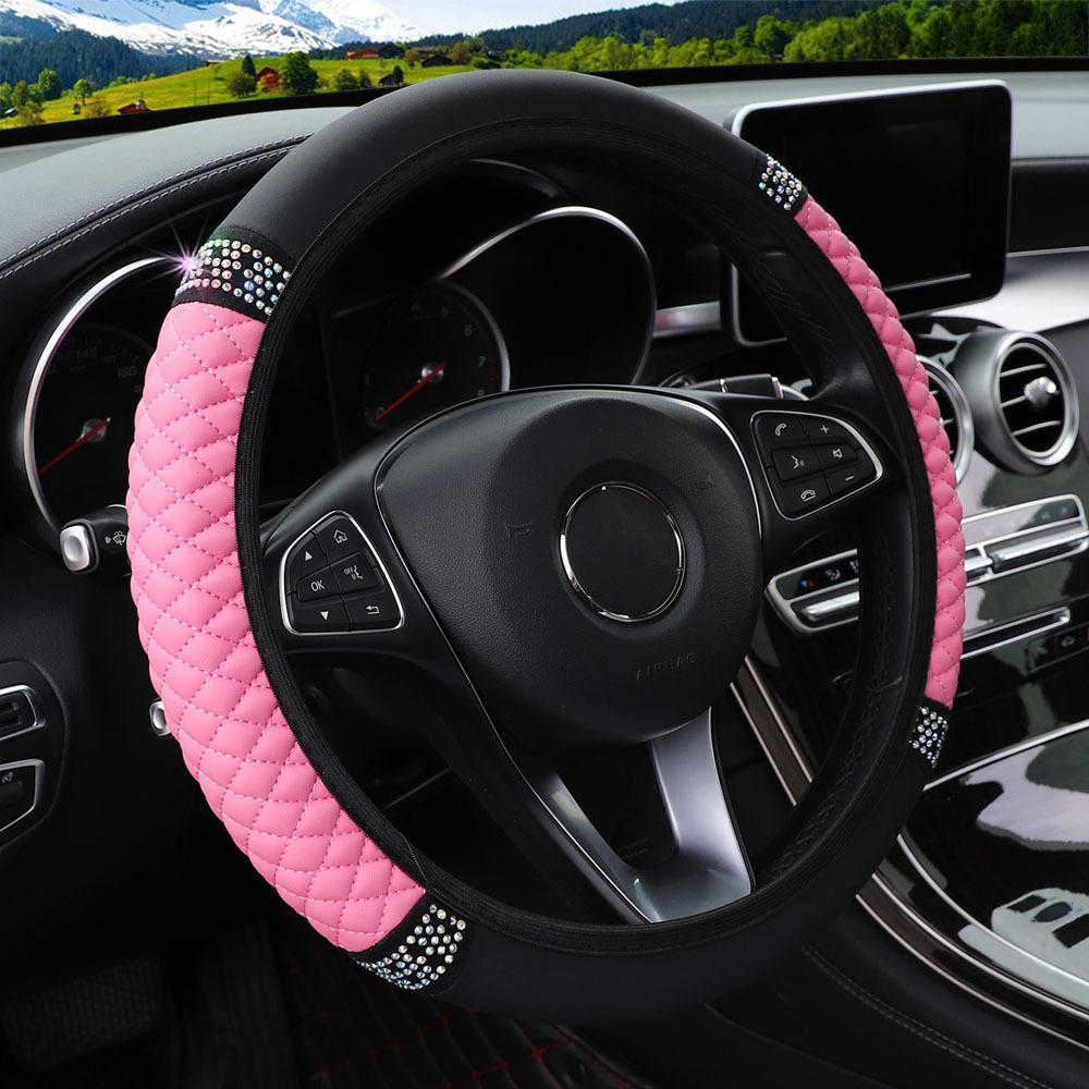 Bling Rhinestone Leather Steering Wheel Cover For Women Quilted Car Steering Wheel Wrap Protector(Pink) - Shopkiz.com