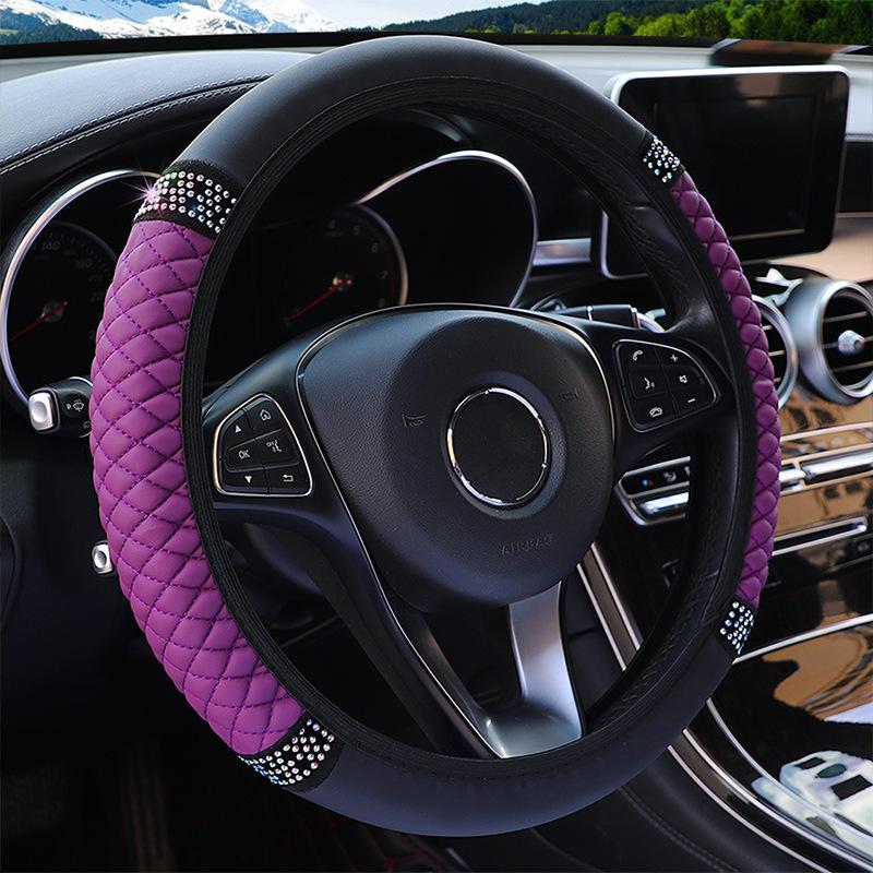 Bling Rhinestone Leather Steering Wheel Cover For Women Quilted Car Steering Wheel Wrap Protector(Purple) - Shopkiz.com