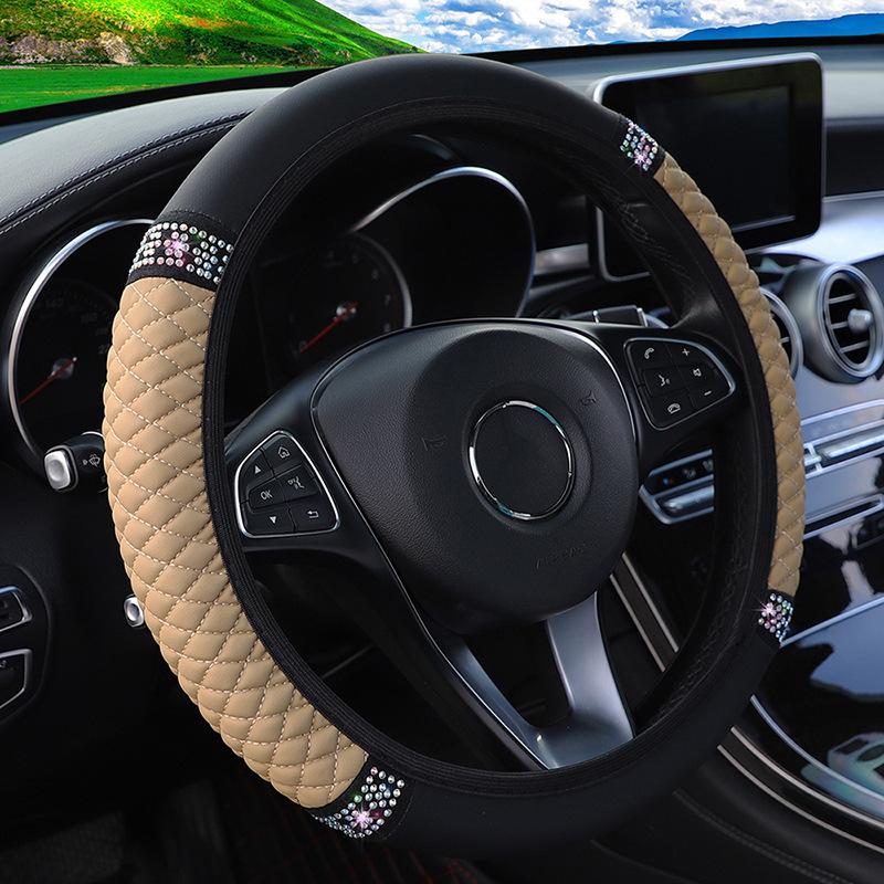 Bling Rhinestone Leather Steering Wheel Cover For Women Quilted Car Steering Wheel Wrap Protector(Beige) - Shopkiz.com