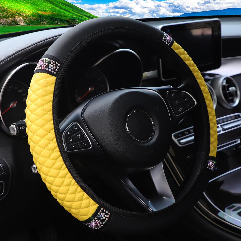 Bling Rhinestone Leather Steering Wheel Cover For Women Quilted Car Steering Wheel Wrap Protector(Yellow) - Shopkiz.com