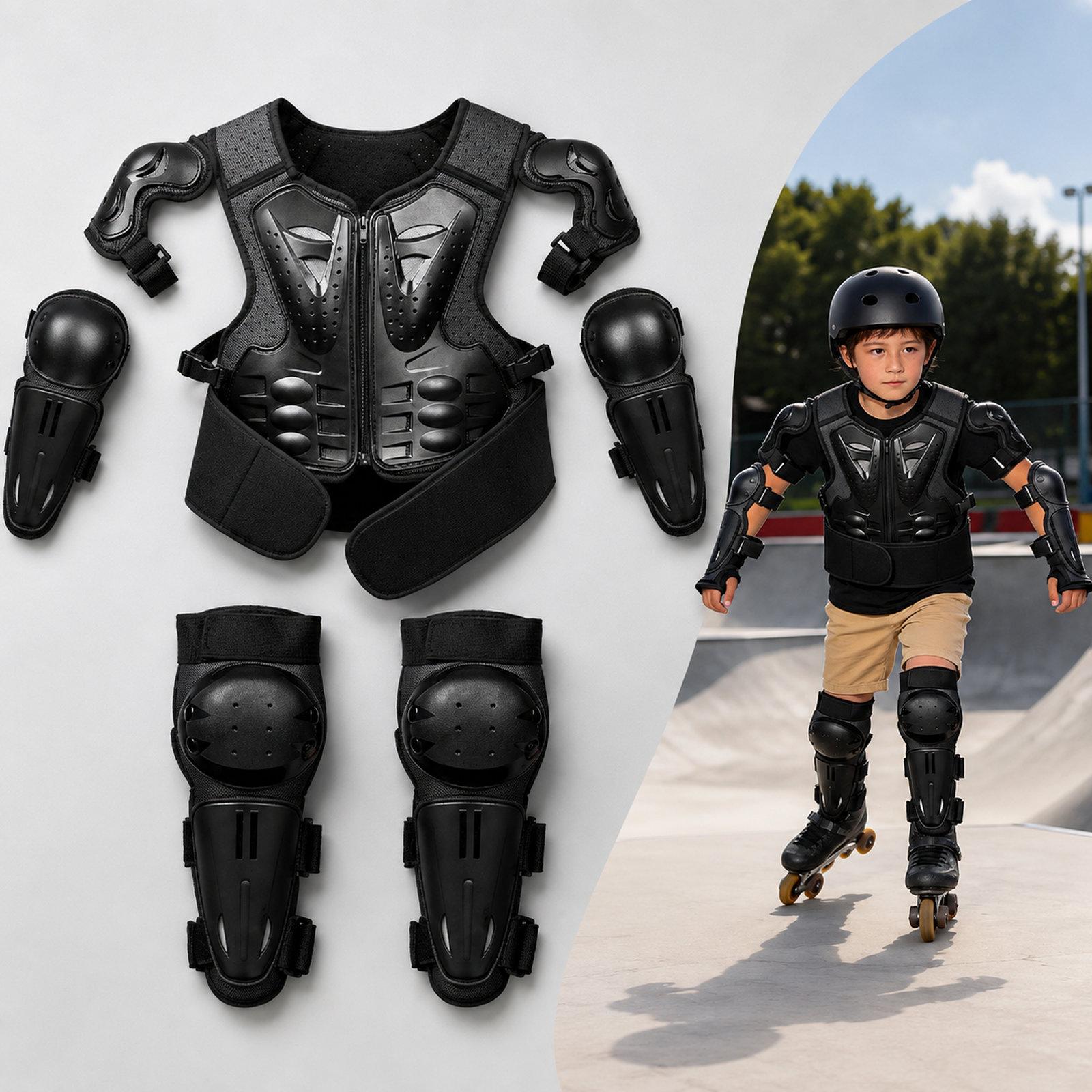 Kids Motorcycle Body Armor Set with Knee & Elbow Guard Pads Ages 5-12(Black) - Shopkiz.com
