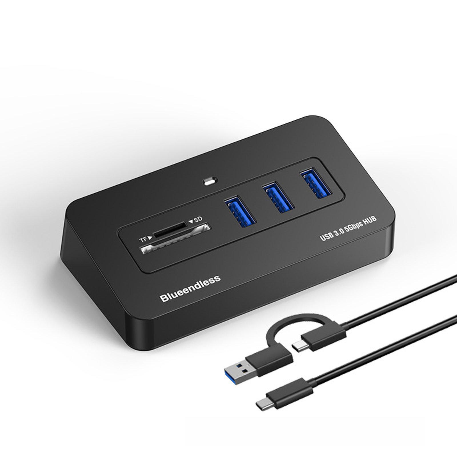 Blueendless 5-Port 3xUSB 3.0 Hub SD TF Card Reader With 1m 2-in-1 USB-C/A Cable - Shopkiz.com