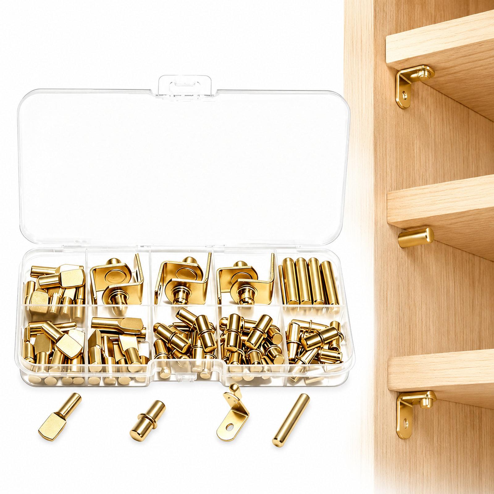 64 PCS/Pack Shelf Pegs Kit 4 Assorted Styles Shelf Support Pins Brackets Assortment with Storage Box(Gold) - Shopkiz.com