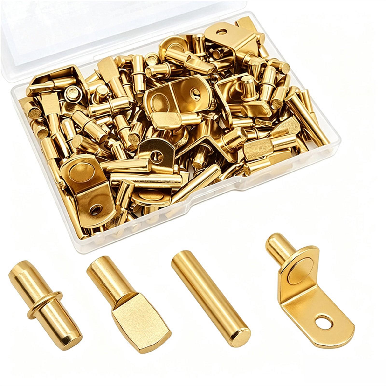104 PCS/Box Shelf Pegs Kit 4 Assorted Styles Metal Shelf Support Pins Brackets Assortment(Gold) - Shopkiz.com