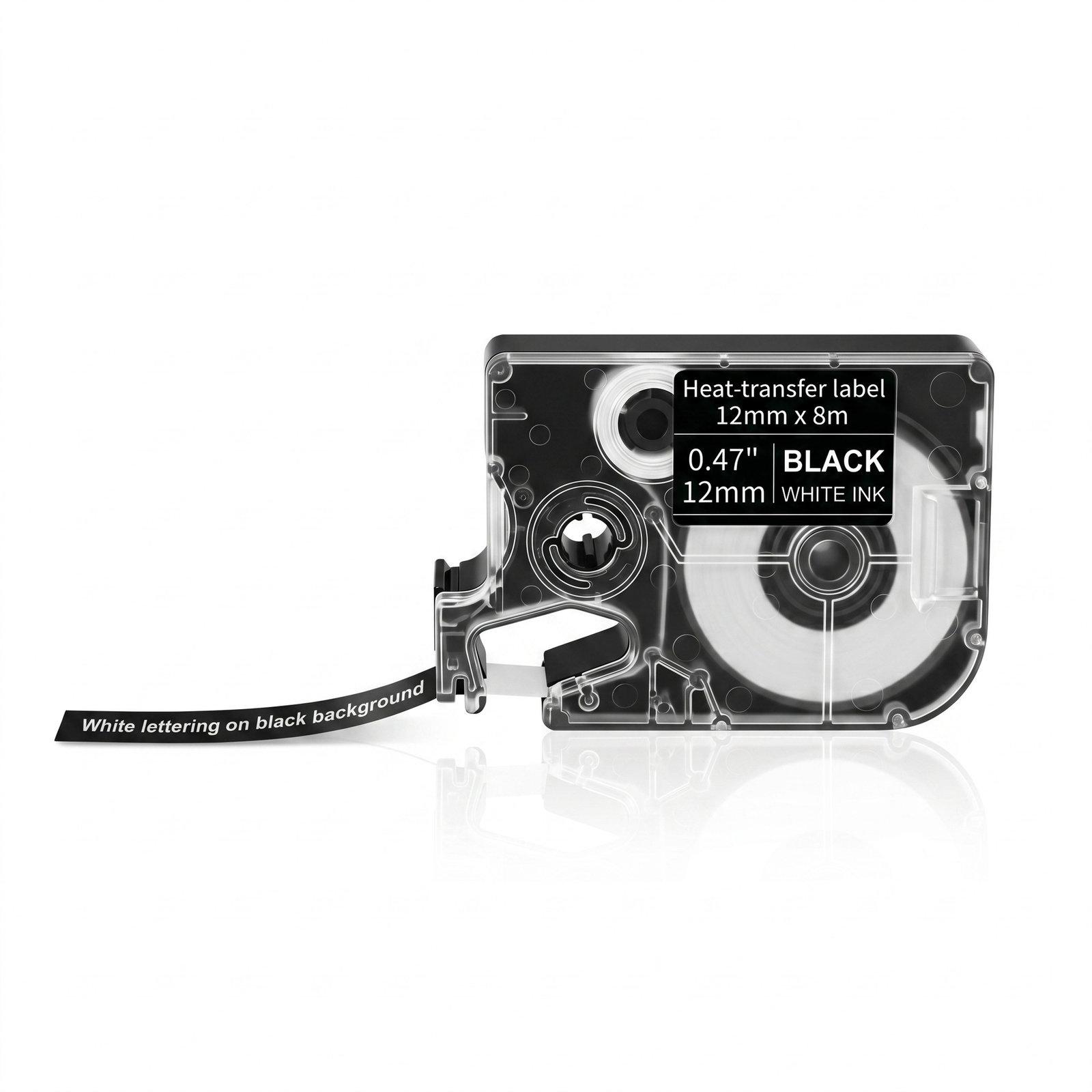 12mm Label Paper & Ribbon For Printer, Style: Black Background White Text - Shopkiz.com