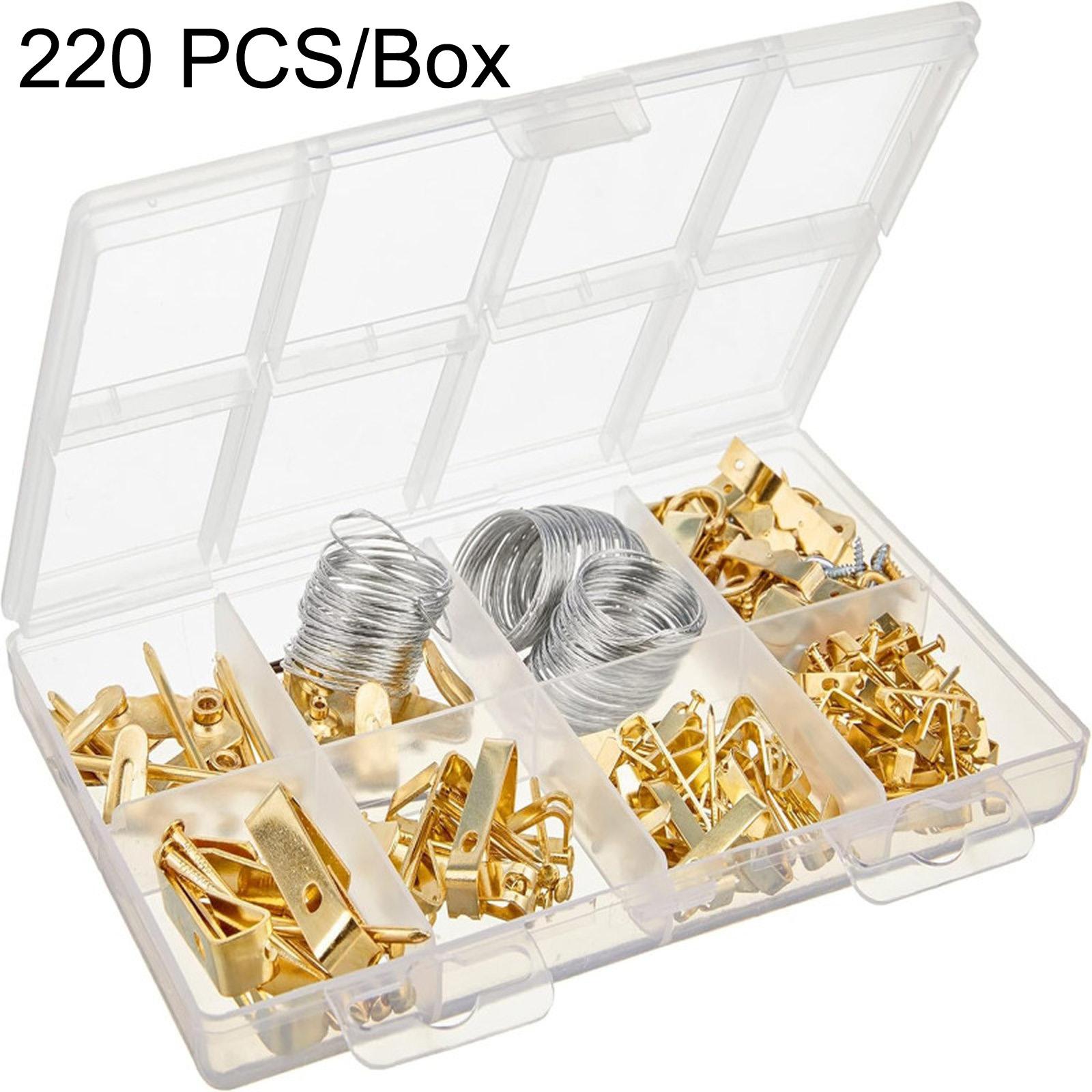 220 PCS/Box Picture Hanging Kit Wall Frame Hangers Hooks Assortment with Nails Wire D-Ring(Gold) - Shopkiz.com
