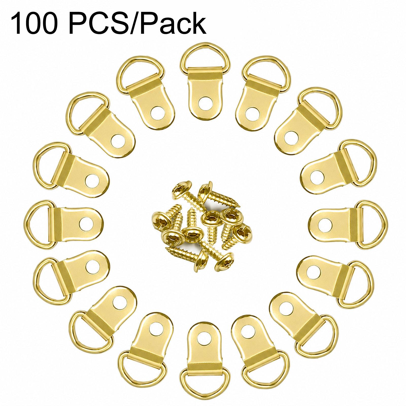 100 PCS/Pack Small D-Ring Picture Hangers Single Hole Frame Hanging Hooks with Screws(Gold) - Shopkiz.com