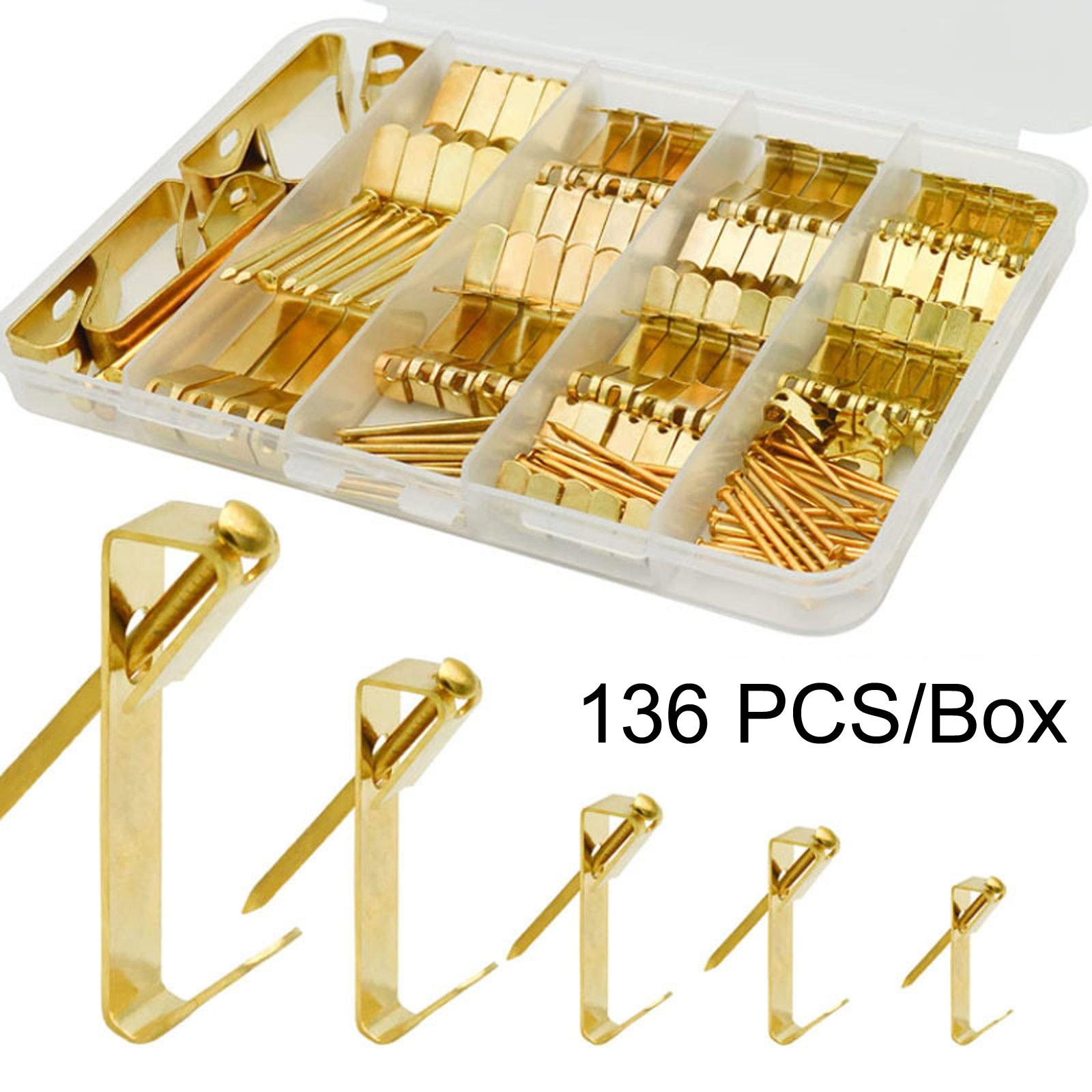 136 PCS/Box Heavy Duty Picture Hangers Kit Wall Frame Hanging Hooks with Nails(Gold) - Shopkiz.com