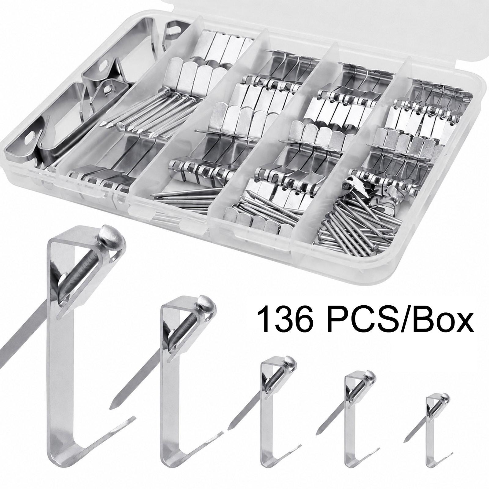 136 PCS/Box Heavy Duty Picture Hangers Kit Wall Frame Hanging Hooks with Nails(Silver) - Shopkiz.com