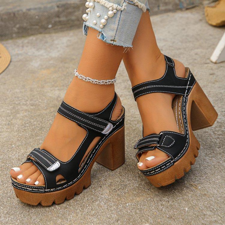 Women Chunky Platform Sandals Dual Adjustable Hook and Loop Strap High Block Heel Open Toe Dress Sandals, Size: 36(Black)