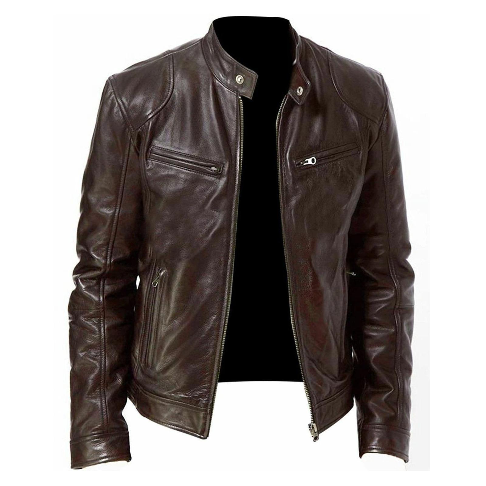 Winter Motorcycle Multi-Pocket PU Jacket With Stand-Up Collar Zip-Up Gesign, Size: L(Brown)