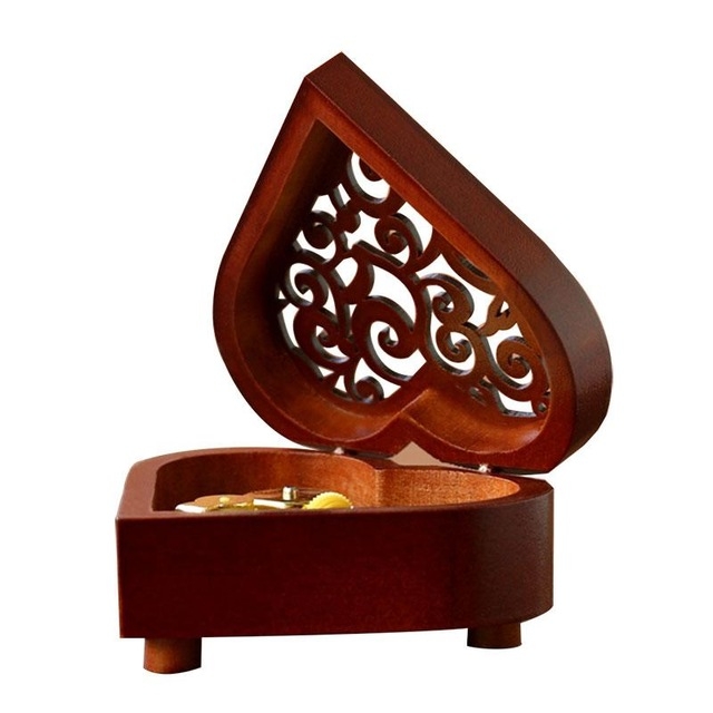 Creative Heart Shaped Vintage Wood Carved Mechanism Musical Box Wind Up Music Box Gift, Golden Movement(Happy Birthday) - Shopkiz.com