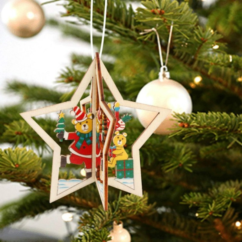 3D Christmas Wooden Pendant Christmas Tree Ornament DIY Santa Xmas Tree Decoration(Star) - Shopkiz.com