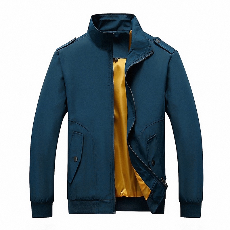 Solid Color Collage Long Sleeve Stand Collar Men Jacket (Color:Blue Size:XXXL)