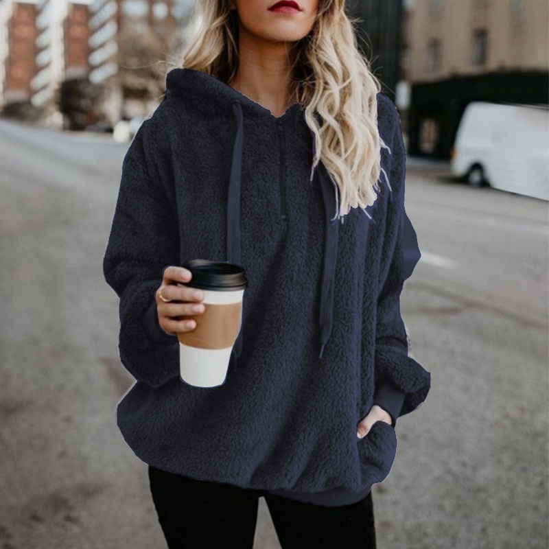 Long-sleeved Hooded Solid Color Women Sweater Coat (Color:Dark Blue Size:XXL)