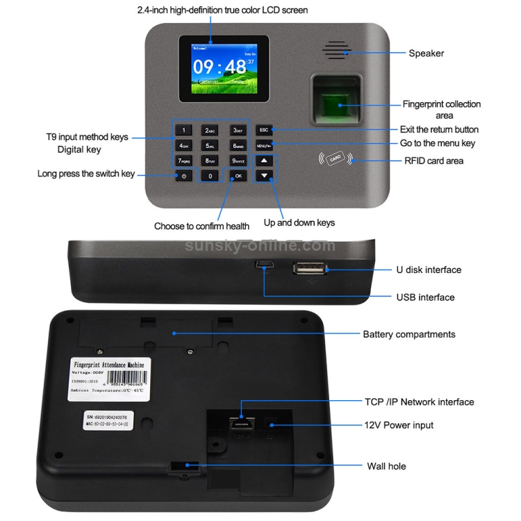 Realand AL325 Tiempo de asistencia de huellas dactilares con pantalla a color de 2,4 pulgadas y función de tarjeta de identificación y WiFi - 3
