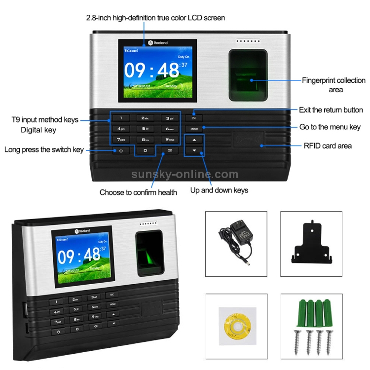 Realand AL355 Tiempo de asistencia de huellas dactilares con pantalla a color de 2,8 pulgadas y función de tarjeta de identificación y WiFi - 5