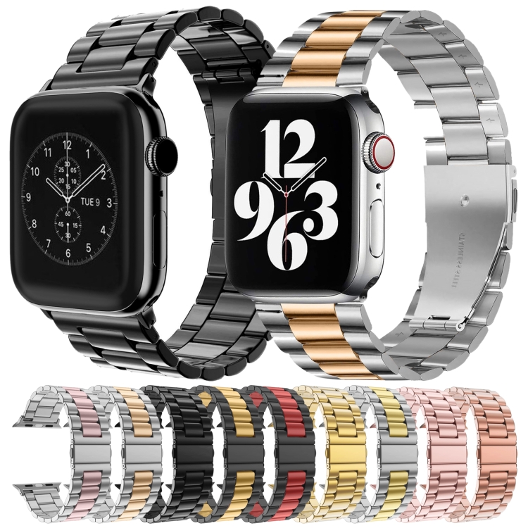 For Apple Watch Series 10 42mm / 9&8&7 41mm / SE 3&SE 2&6&SE&5&4 40mm / 3&2&1 38mm Fold Buckle 3 Beads Stainless Steel Watch Band(Black) - B1