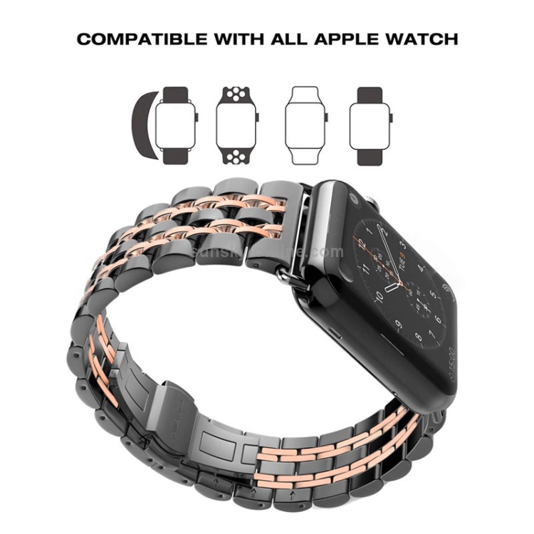 SUNSKY - 20mm mujeres ocultas hebilla de mariposa 7 cuentas de acero  inoxidable reloj de reloj para Apple Watch 38mm (negro + oro rosa)