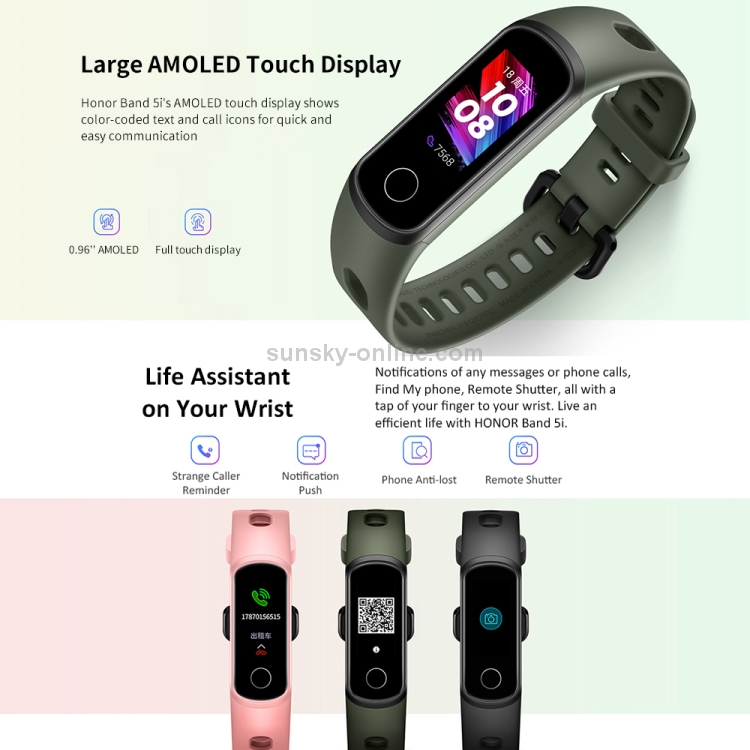 SUNSKY - Original Huawei Honor Band 5i 0.96 inch Color Screen Smart Sport  Wristband, Standard Version, Support Heart Rate Monitor / Information  Reminder / Sleep Monitor(Pink)