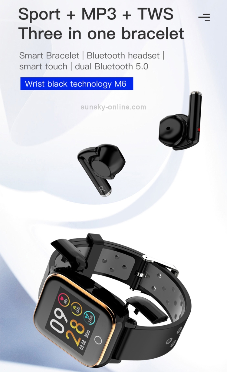 HAMTOD M6 3 en 1 TWS MP3 Sport Pulsera Bluetooth Reloj inteligente, Soporte  de monitoreo de frecuencia cardíaca / Monitoreo del sueño / Recordatorio de  sedentarismo / Control de foto / Presión arterial (Rosa)