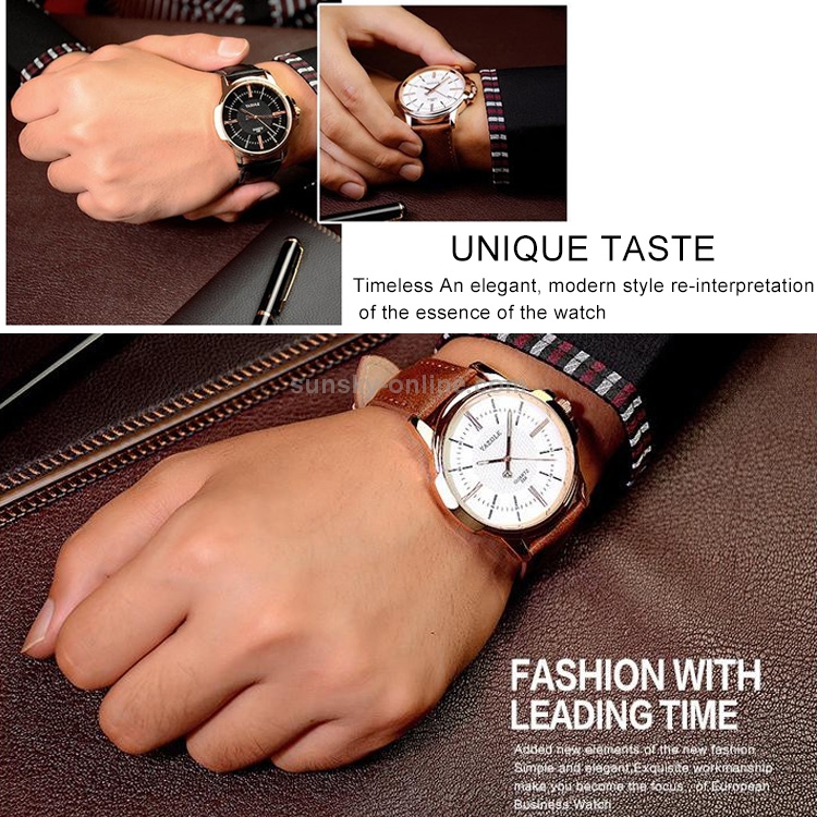 358 YAZOLE Men Fashion Business Waterproof Leather Band Quartz Wrist Watch Brown