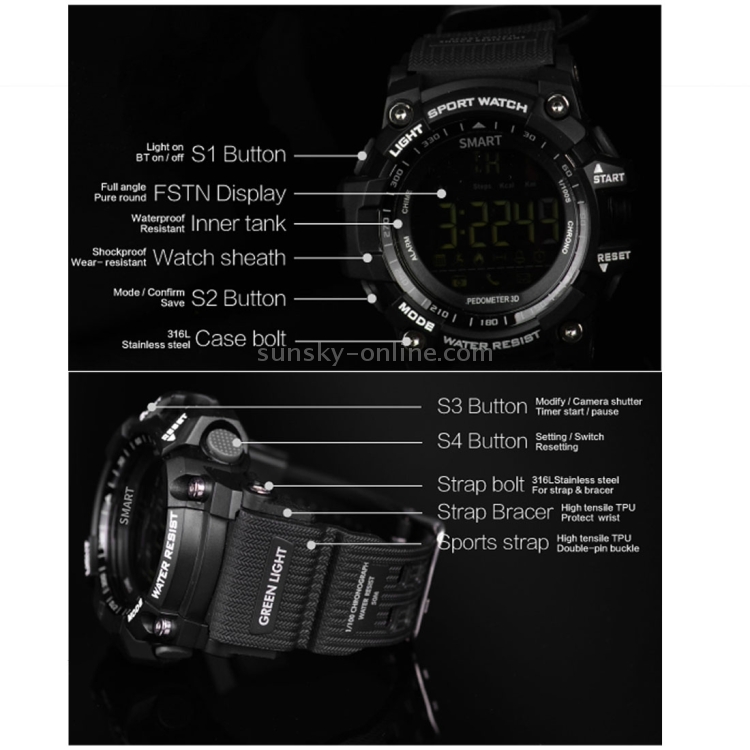 EX16 Reloj inteligente deportivo con pantalla de ángulo completo FSTN LCD de 1.12 pulgadas, resistente al agua IP67, soporte podómetro / cronómetro / alarma / recordatorio de notificación / notificación de llamada / control remoto de cámara / calorías quemadas, compatible con teléfonos Android e iOS (rojo) - 18