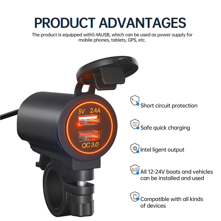 ZH-723F4 Car / Motorcycle QC3.0 Cell Phone Fast Charging Dual USB Car Charger(Orange Light) ZH-723F4 Car / Motorcycle QC3.0 Cell Phone Fast Charging Dual USB Car Charger(Orange Light)