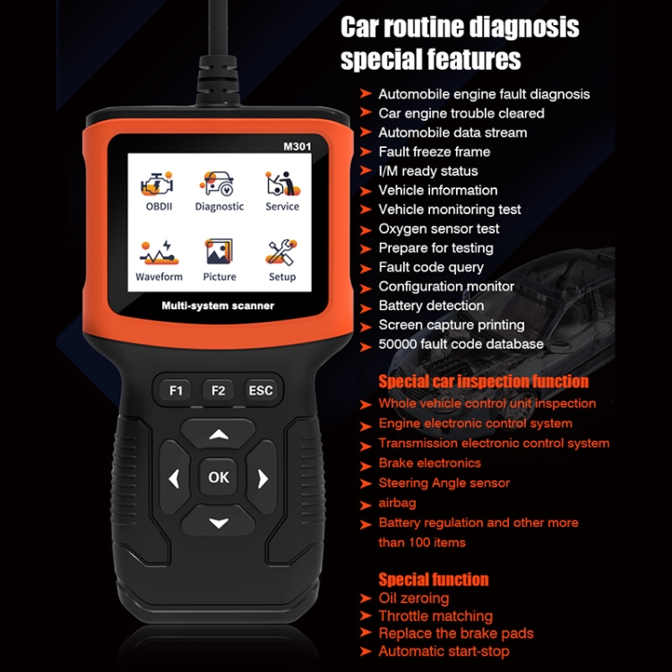 Détecteur de défaut de scanner de lecteur de code de voiture M301 9-18V OBD2