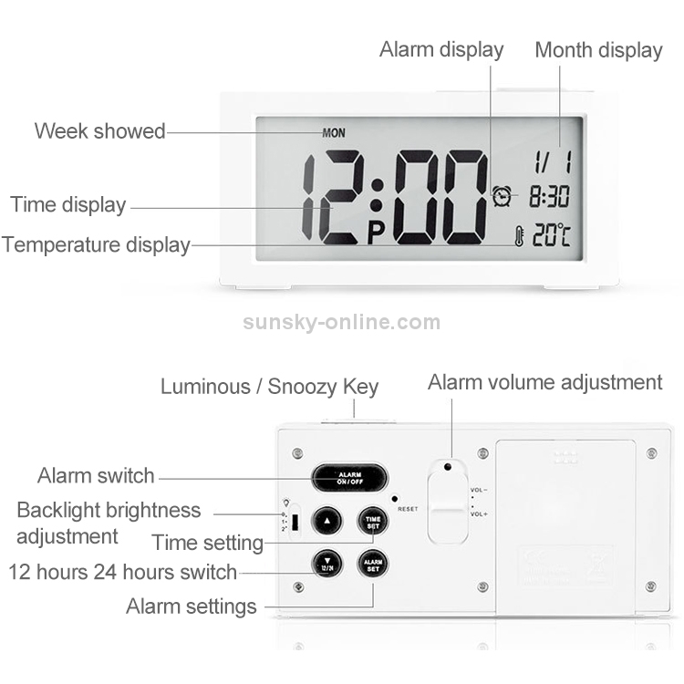 Sveglia ricaricabile, sveglia digitale Alimentazione elettrica da comodino  con luminosità regolabile, 12/24 ore Data e visualizzazione della  temperatura Snooze Functi