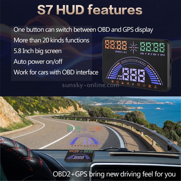 S7 5.8 inch Car GPS HUD / OBD2 Vehicle-mounted Gator Automotive Head Up Display Security System with Dual Display, Support Car Local Real Time & Real Speed & Turn Speed & Water Temperature & Oil Consumption & Driving Distance / Time & Voltage & Elevation & Satellite Signal Display, Support Water Temperature Alarm, Over Speed Alarm, Low Voltage Alarm, Turn Speed Alarm, Mile Switching, Light Sensor Functions - 7