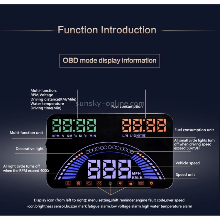 S7 5.8 inch Car GPS HUD / OBD2 Vehicle-mounted Gator Automotive Head Up Display Security System with Dual Display, Support Car Local Real Time & Real Speed & Turn Speed & Water Temperature & Oil Consumption & Driving Distance / Time & Voltage & Elevation & Satellite Signal Display, Support Water Temperature Alarm, Over Speed Alarm, Low Voltage Alarm, Turn Speed Alarm, Mile Switching, Light Sensor Functions - 9