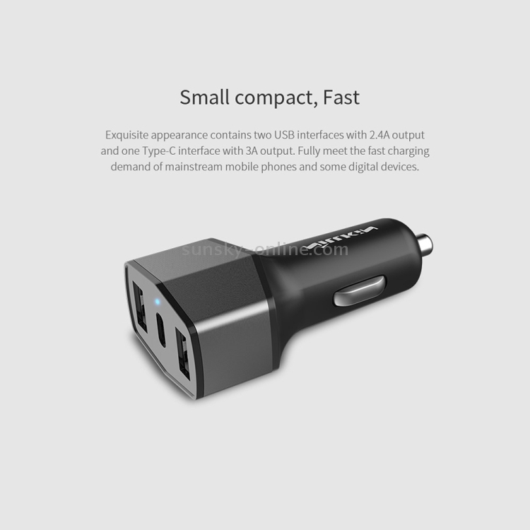 NILLKIN 5V 3.4A / 5V 3A Dual USB + USB-C / Type-C Three Ports Smart Car Charger NILLKIN 5V 3.4A / 5V 3A Dual USB + USB-C / Type-C Three Ports Smart Car Charger