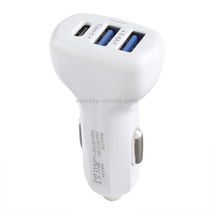 LZ-431 3.4A Type-C Three USB Ports Fast Car Charger(White) LZ-431 3.4A Type-C Three USB Ports Fast Car Charger(White)