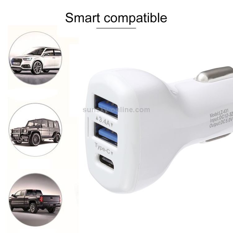 LZ-431 3.4A Type-C Three USB Ports Fast Car Charger(White) LZ-431 3.4A Type-C Three USB Ports Fast Car Charger(White)
