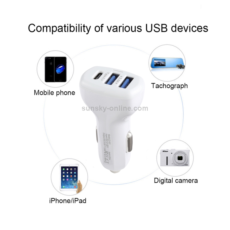LZ-431 3.4A Type-C Three USB Ports Fast Car Charger(White) LZ-431 3.4A Type-C Three USB Ports Fast Car Charger(White)